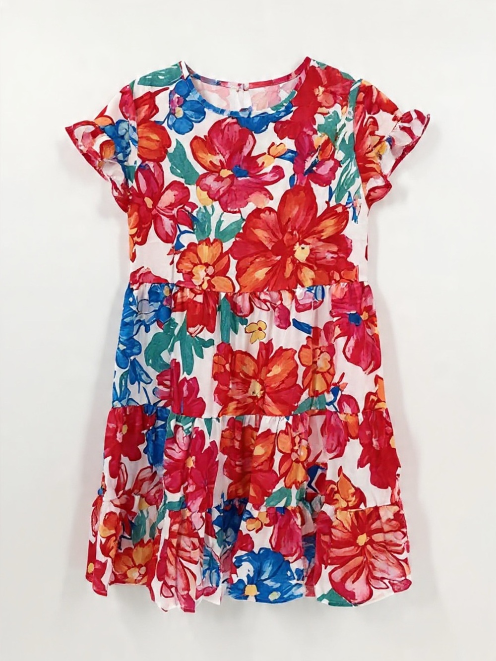 Floral Tiered Babydoll Dress L Red Blue Ruffle Sleeve Boho Mini